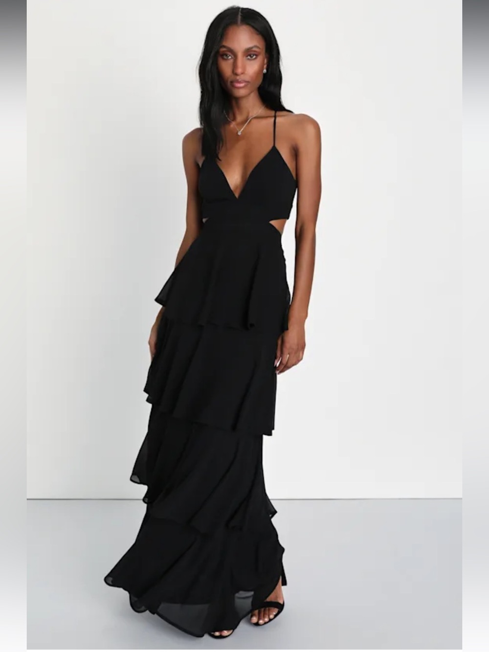 NWT- Tier and Now Black Tie-Back Tiered Maxi Dress